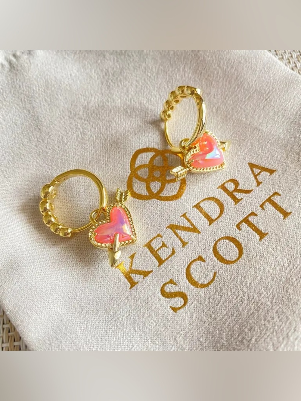 Kendra Scott Gold Huggie Earrings with Pink Heart Opal Arrow Charms